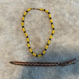 Yellow and Brown Beaded Necklace with Woven Bracelet